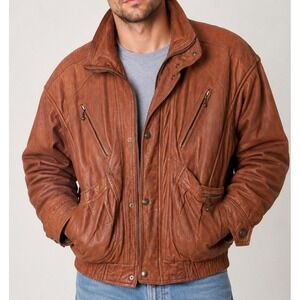 VTG 80s Korea Four Leathers Brown Leather Bomber Jacket Mens Medium Fitted Hem